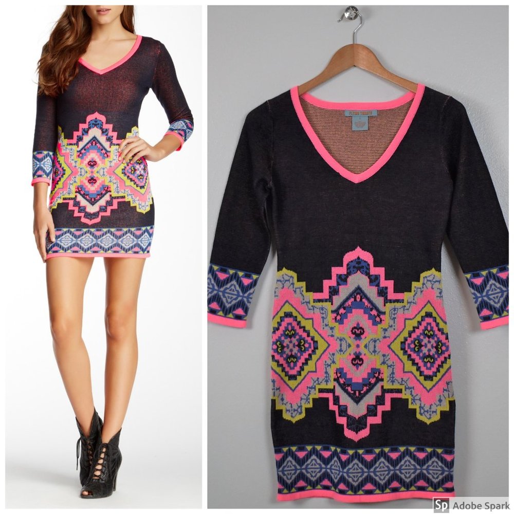 Flying Tomato Aztec‎ Print Sweater Dress Size S Fitted Mini Southwestern Stretch